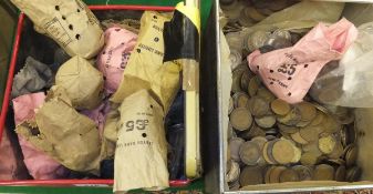 Two boxes of pre-decimal British coins, to include a large quantity of pre 1945 one shilling and two