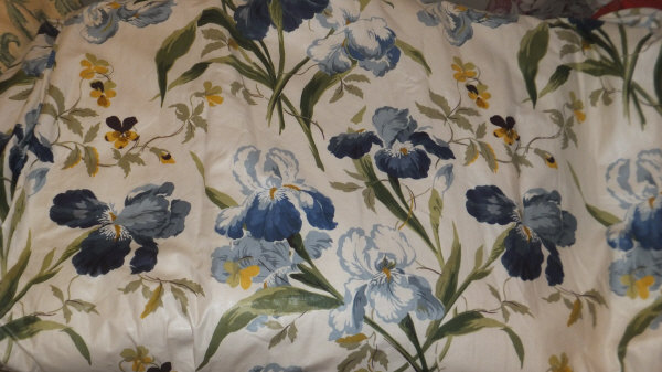 Two pairs of glazed cotton Colefax & Fowler "Blue Iris" interlined curtains, together with