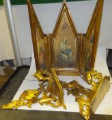 A pair of 19th century giltwood brackets in the rococo taste, and a gilt folding tryptych