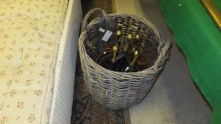 A log basket, coal scuttle and companion set, together with two pairs of binoculars