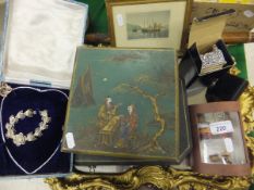 A shaped gilt framed wall mirror, boxed set of costume jewellery, a Chinoiserie Oriental box, an