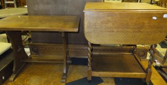 A mid 20th Century oak trolley with rectangular drop leaf top, together with a small oak