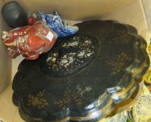 A mother of pearl inlaid tray, Oriental style figure of a mythical beast, copper kettle, glass jar