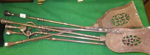 A set of three 19th century steel fire tools to include shovel and tongs and poker and two similar