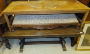 An early 20th Century long rectangular footstool raised on cabriole legs, together with a mid 20th