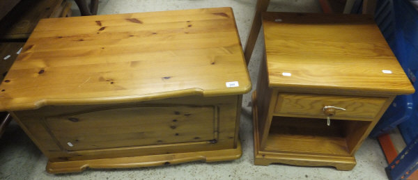 A modern pine blanket box, together with a pine bedside cupboard