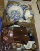 Two boxes of sundry china and glass ware to include a wash bowl and jug, handbag, etc