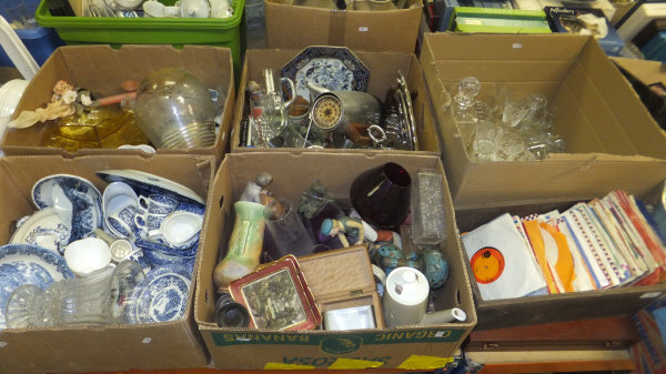 Five boxes of assorted china and glassware to include a Dartington type vase, a pair of cloisonné