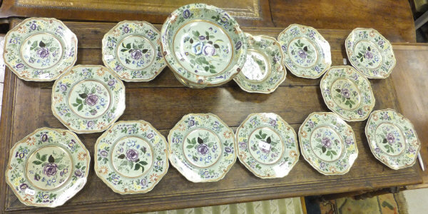 A Spode dessert service to include tazza, serving dish and twelve plates, all decorated with flowers