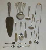 A collection of various silver spoons, etc, to include a pair of ladles, a cake knife with silver