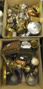 Two boxes of assorted metalwares to include brass and copper miniature saucepans, embossed copper