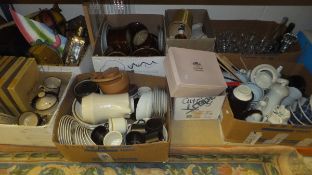 Six boxes of assorted china to include Denby "Savoy" and Regency Denby cutlery, Chinese rice