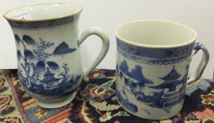 A Chinese porcelain blue and white baluster shaped mug, the main body decorated with "Willow"