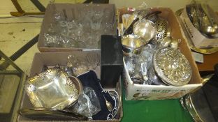 Two boxes of assorted plated wares to include rose bowl, cutlery, pierced fruit basket, entree dish,