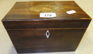 A 19th century mahogany tea caddy with marquetry inlaid medallion decoration