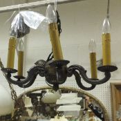 A five branch brass bodied electrolier and a ceiling gas lantern with three branch candle holder (