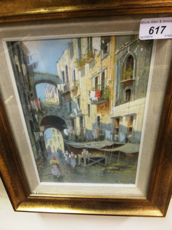 M GIANNI "The covered market stall", watercolour and gouache, signed bottom right, together with M