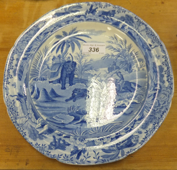 A Spode blue and white "Indian Sporting Series - Death of the Bear" pattern circular plate, bears