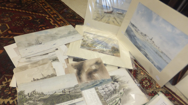 A box containing a large quantity of unframed pictures and prints to include A.W.C. LINDSAY "
