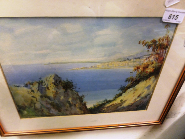 GIANNI "Mediterranean coastal landscape with town in background on spit", watercolour, signed bottom