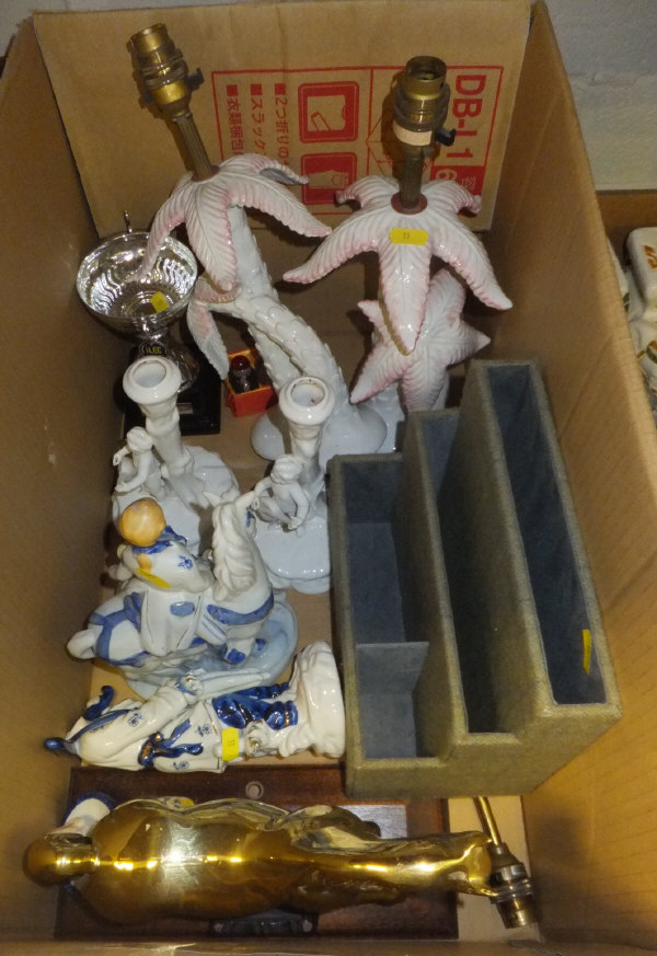 A box of sundry items to include a pair of Italian palm style table lamps, various figurines, etc