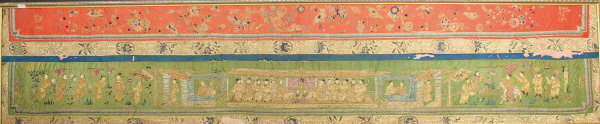 A 19th Century Chinese silk and gold wirework decorated panel depicting courtiers and other