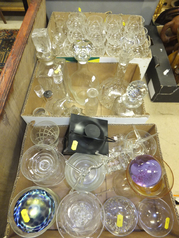 Three boxes of assorted glassware to include Caithness Crystal paperweight, John Ditchfield type
