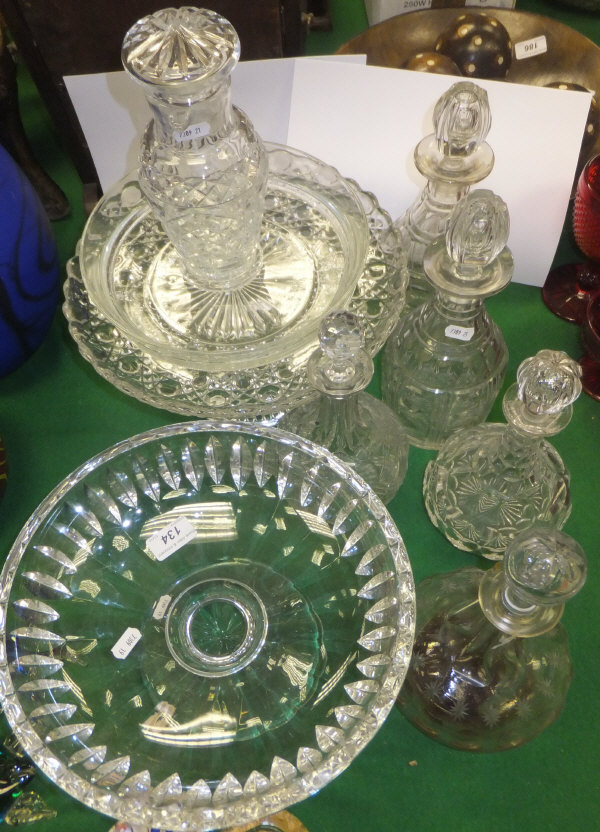 A St Louis clear glass tazza, one other tazza and a clear glass bowl, five stoppered decanters and