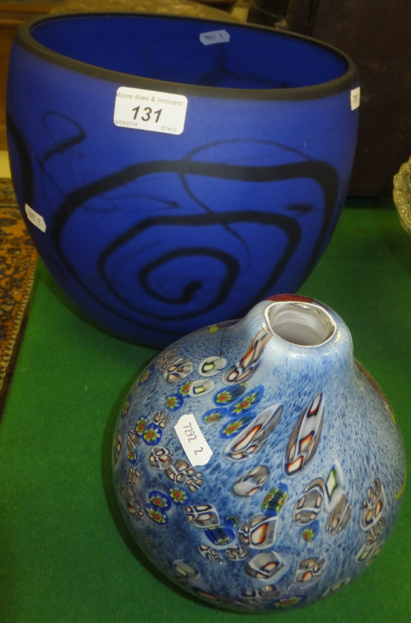 IOAN NEMTOI blue glass vase with signature underneath, and one other glass vase with millefiori