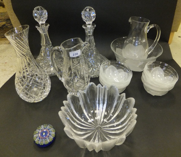 A pair of ship's decanters, together with a Dartington crystal style bowl, a frosted glass fruit