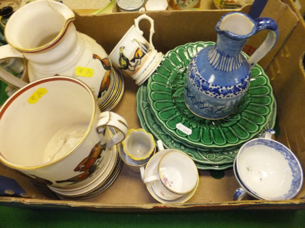 A box of pottery and china wares to include green leaf moulded plates, Ashworth Brothers twin-