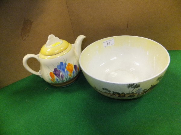 A Clarice Cliff AJ Wilkinson Limited pottery teapot decorated with the "Crocus" pattern Rd No.