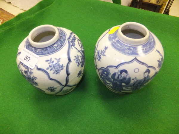 Two Chinese porcelain jars, one decorated with flowers in a basket, the other decorated with figures