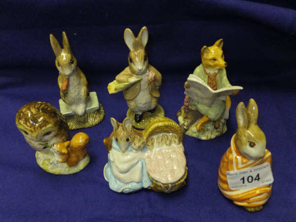 Six Royal Albert Beatrix Potter figures comprising "Old Mr. Brown", "Hunca Munca", "Foxy