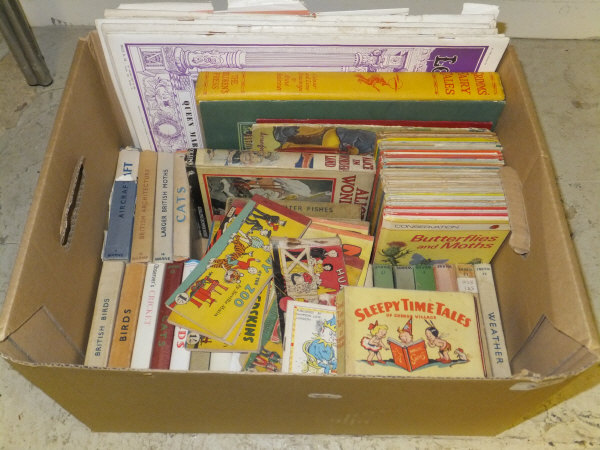 A box containing an assortment of children's books, and a selection of 1950's "London Illustrated