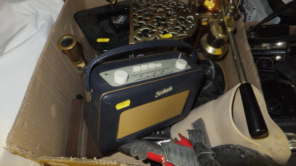 A box of sundry items to include a Roberts radio, model knight, together with four various pictures