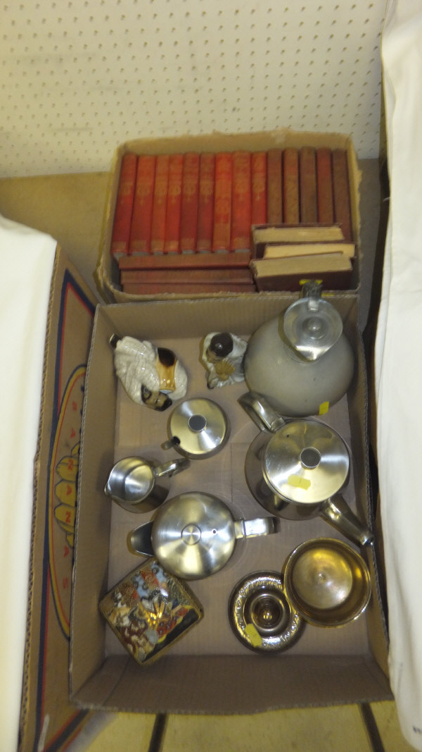 A box of assorted sundry china and metal ware to include Oriental figures, a three piece Elm