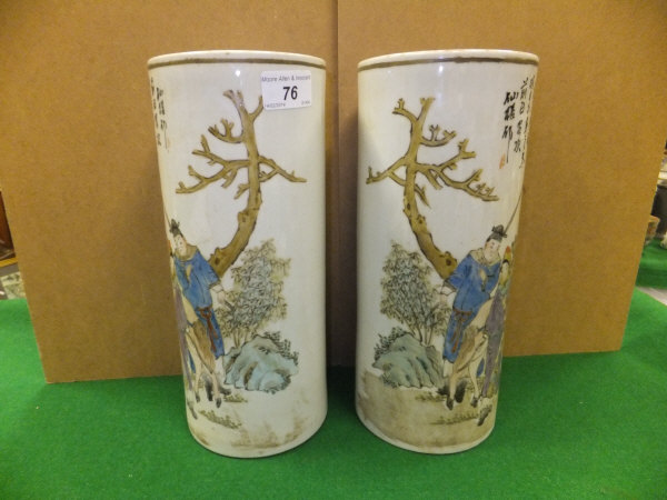 A pair of large Chinese porcelain cylindrical vases polychrome decorated with figures and horse in a