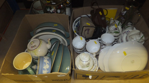 Three boxes of chinaware to include various tea wares, a Portmeirion salad bowl, Wedgwood Jasperware