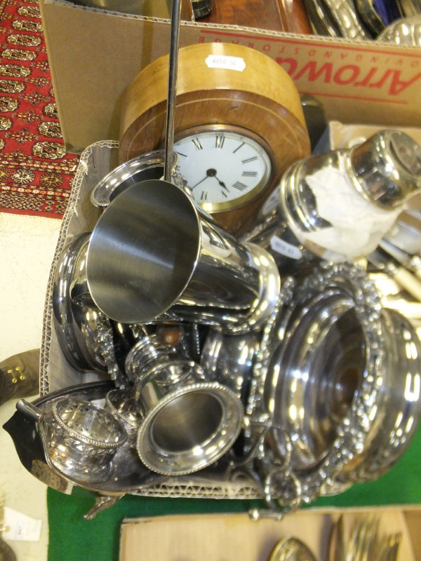 A box of various plated ware and mahogany and inlaid cased mantel clock