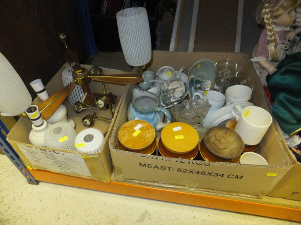 A box of assorted china wares to include Hornsea Heirloom storage jars and a box containing assorted