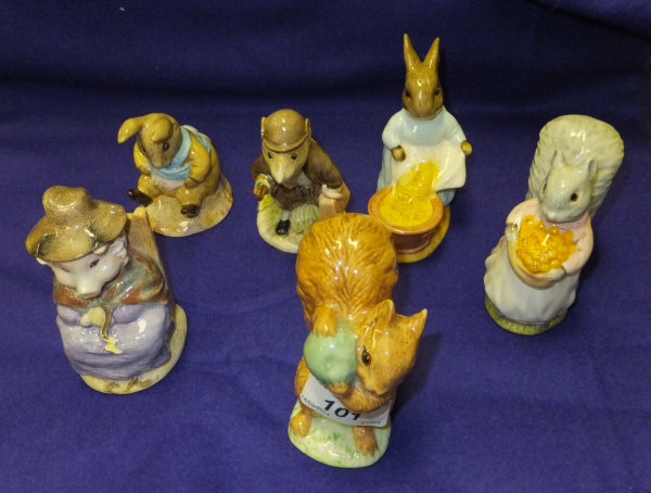 Six Royal Albert Beatrix Potter figures comprising "Squirrel Nutkin", "And this pig had none", "