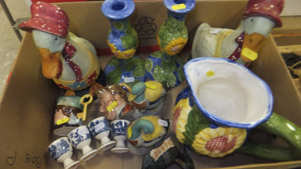 A box of assorted china wares to include candlesticks, model ducks, Beswick toby jugs etc