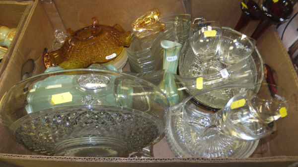 A box of assorted glass to include salad plates, stem vases, etc