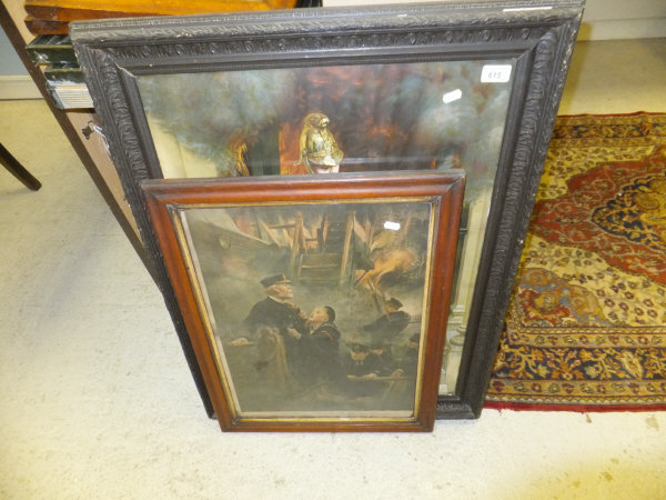 A framed and glazed print "The Burning of the Training Ship Goliath in 1875 ...", and another framed