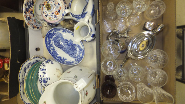 A box of assorted glassware to include Waterford, together with a plated teapot, etc, together