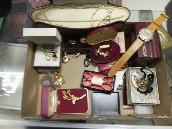 A box of various costume jewellery, J W Benson wristwatch, etc