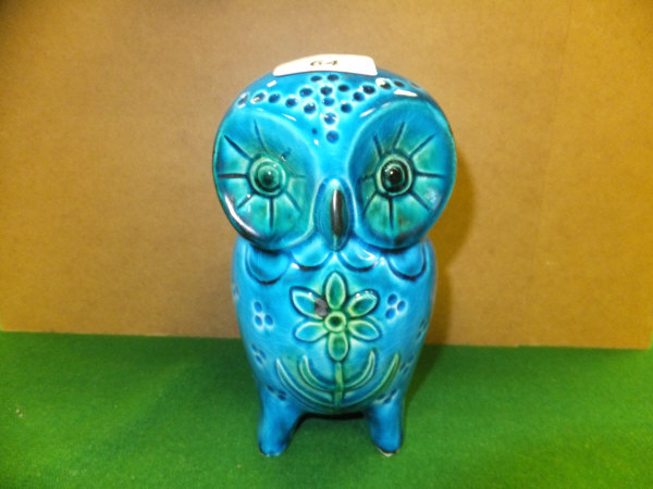 A Jema pottery owl decorated in turquoise and green