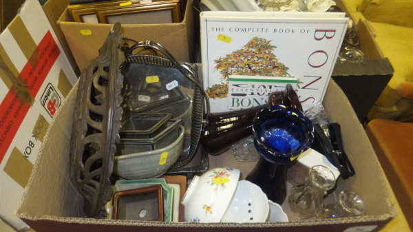 A box containing assorted china and glass ware to include hyacinth vases, swing handled basket, etc