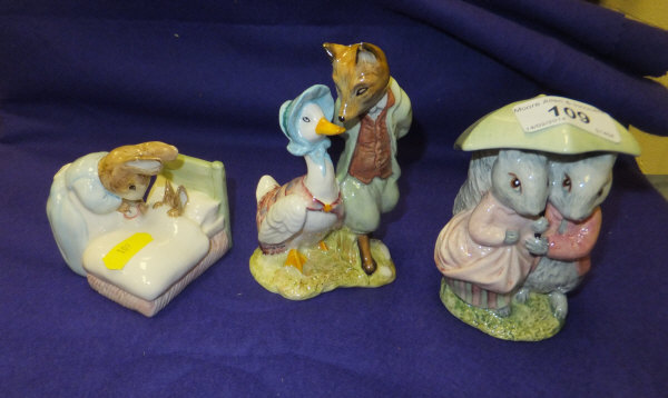 Three Royal Albert Beatrix Potter figures comprising "Jemima Puddleduck with Foxy Whiskered